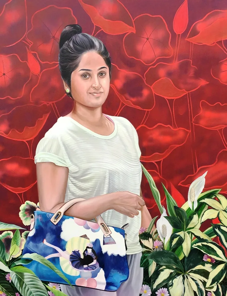 Young Woman against Red Foliage, Oil and acrylic on canvas, by Keerthi Kankipati