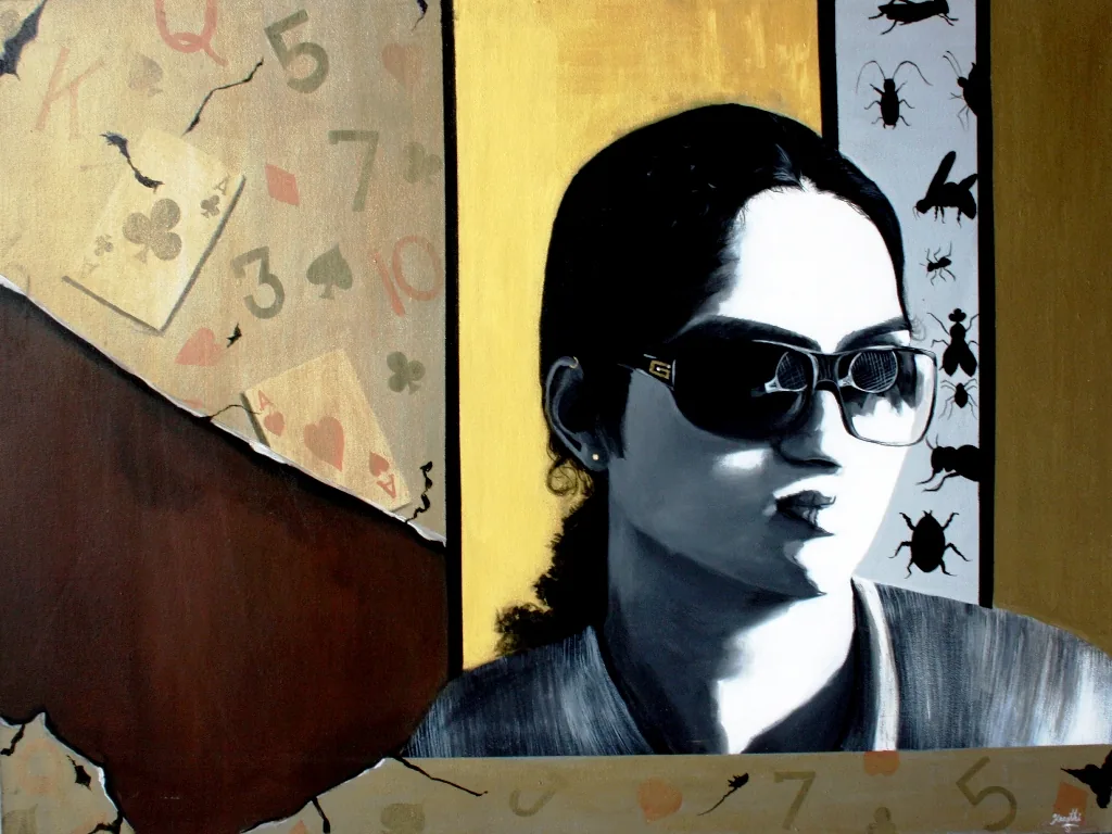 Self-Portrait in Sunglasses with Playing Cards, Oil and acrylic on canvas