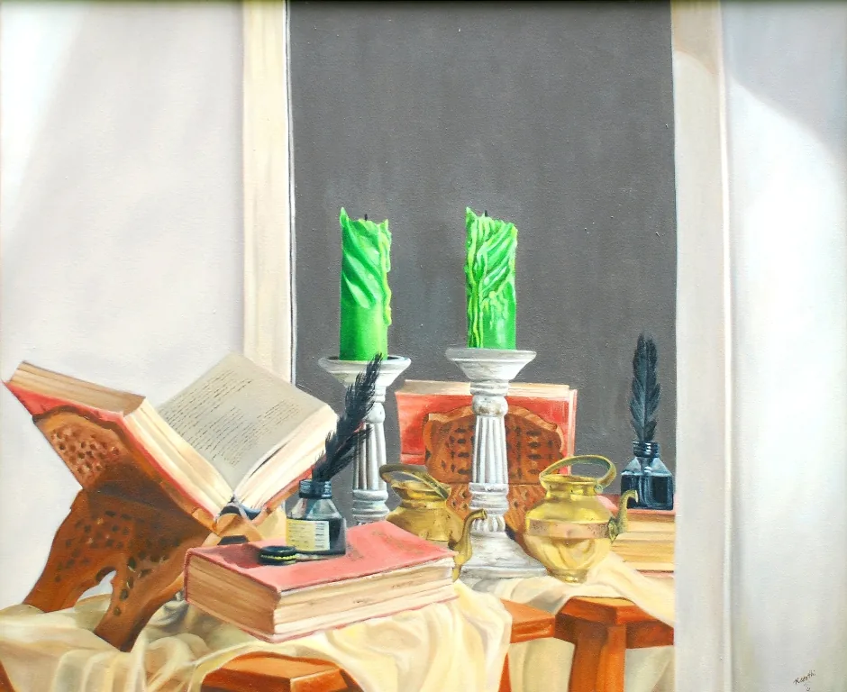 Open Book, Green Candles and Quills, Oil on canvas