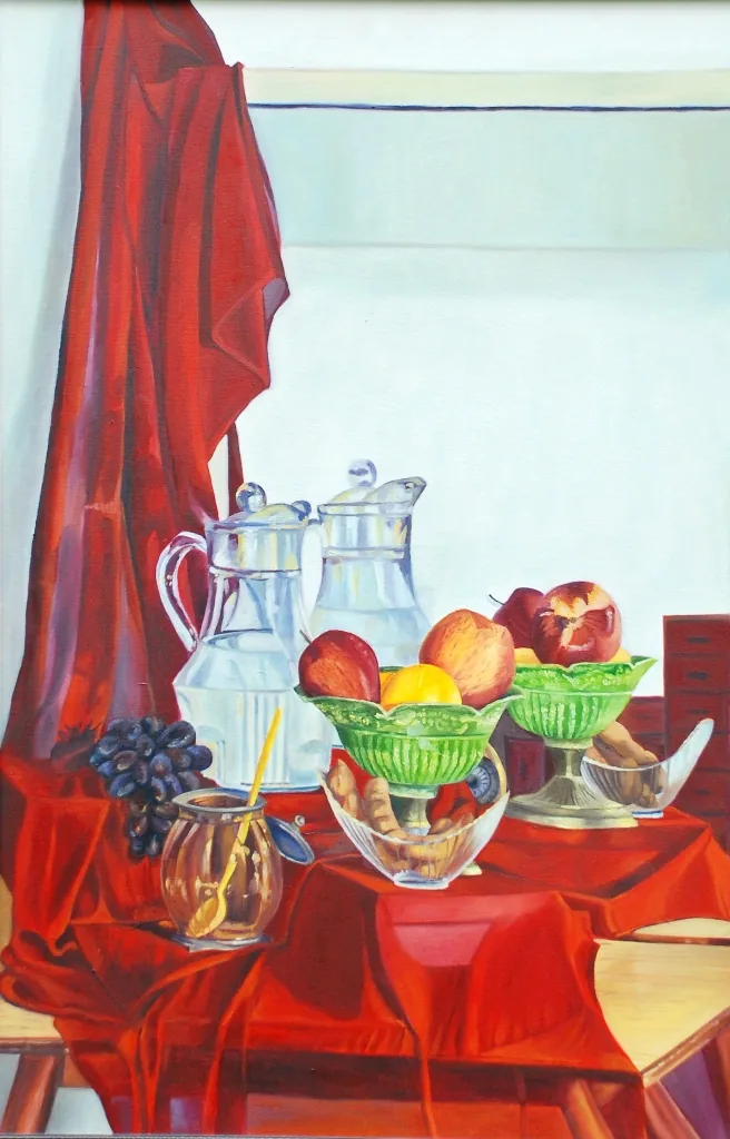 Silver Jugs and Green Glass Compotes on Red, Oil on canvas, by Keerthi Kankipati