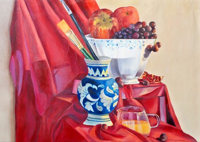 Fruit Bowl with Blue Vase and Pitcher of Juice, Oil on canvas