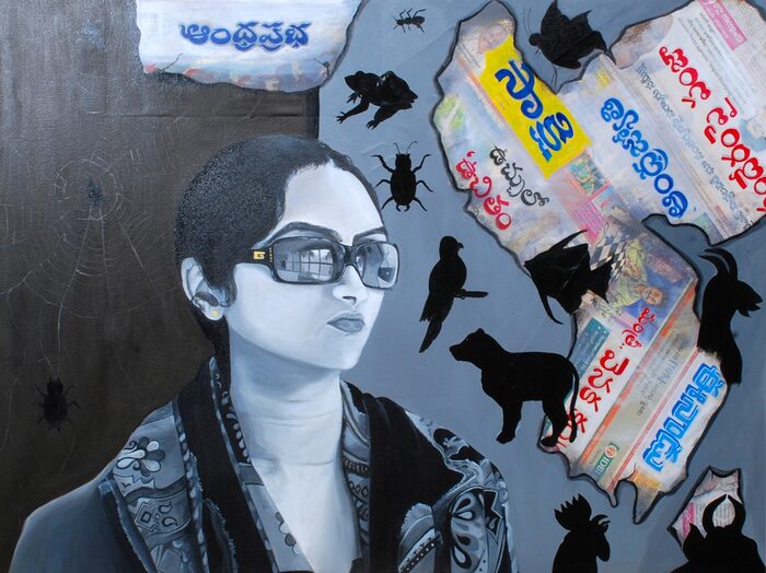 Self-Portrait with Newsprint and Silhouettes, Oil and acrylic on canvas