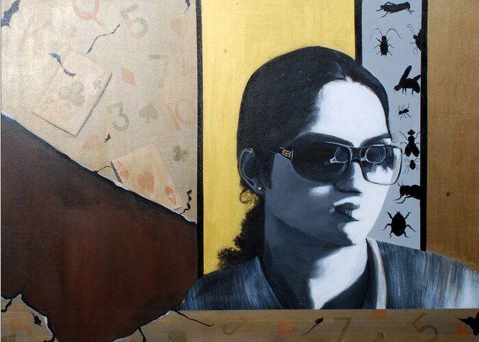 Self-Portrait Behind Dark Glasses, Oil and acrylic on canvas