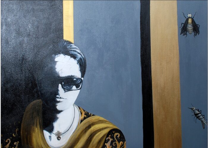 Self-Portrait in Gold and Shadow, Oil and acrylic on canvas