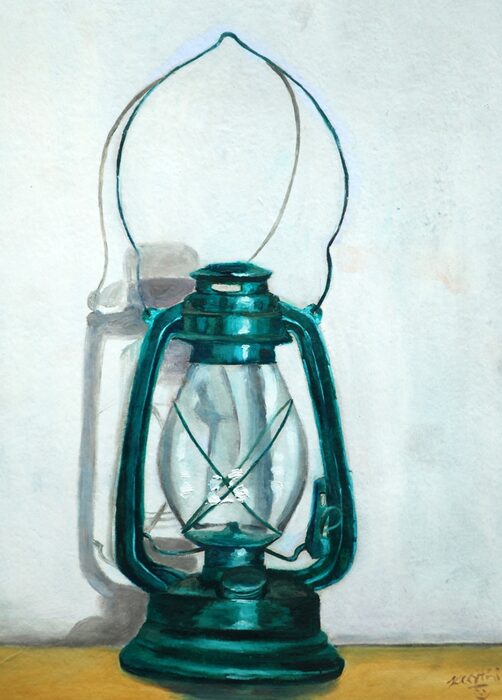 Teal Hurricane Lantern, Oil on canvas