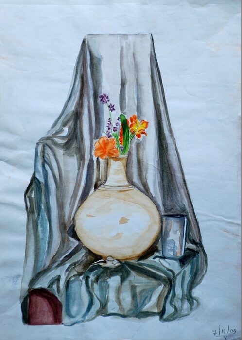 Cream Vase with Wildflowers, Watercolour on paper