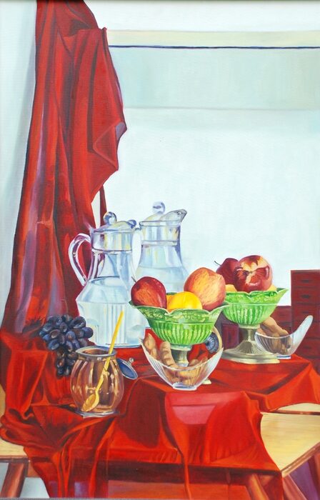 Silver Jugs and Green Glass Compotes on Red
