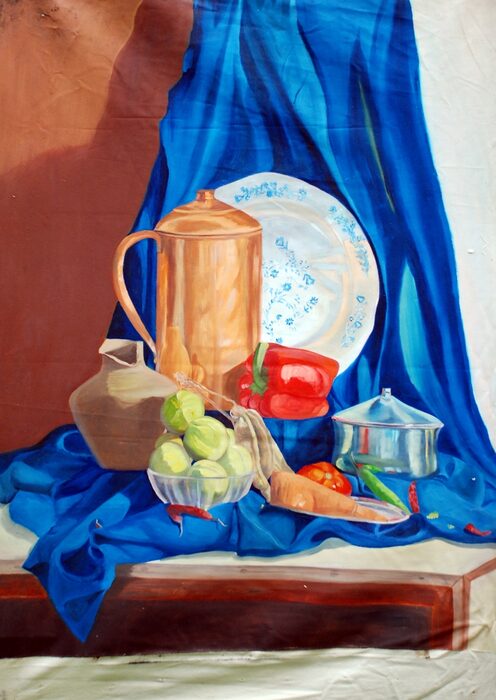 Copper Coffee Pot with Blue Plate and Vegetables, Oil on canvas