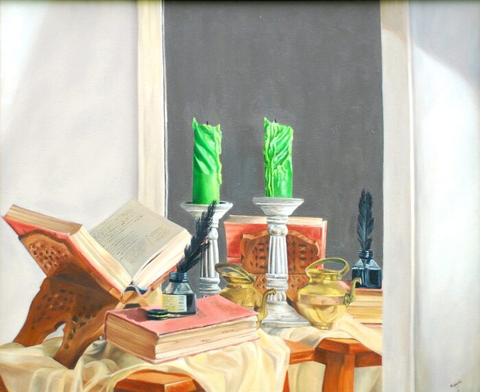 Open Book, Green Candles and Quills