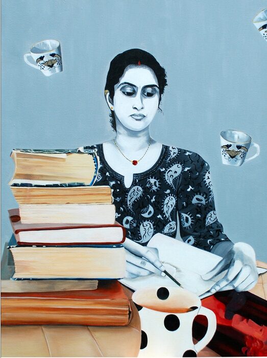 Self-Portrait with Books, Oil and acrylic on canvas