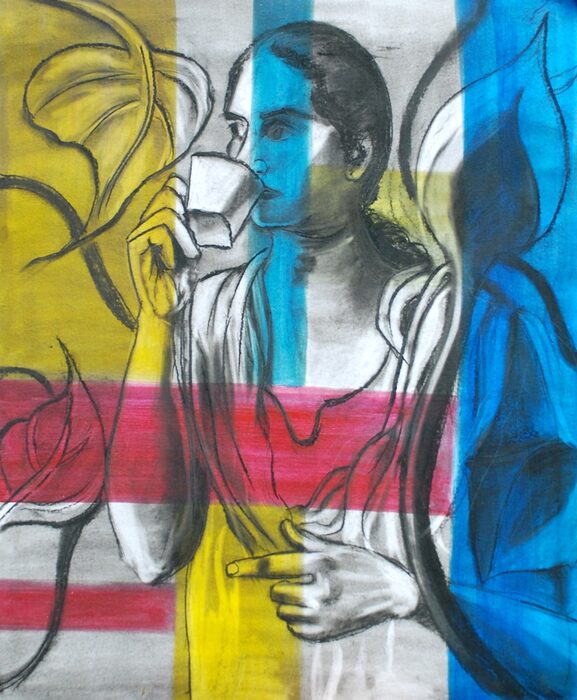 Self-Portrait Drinking, in Primary Bands, Charcoal and dry pastel on paper