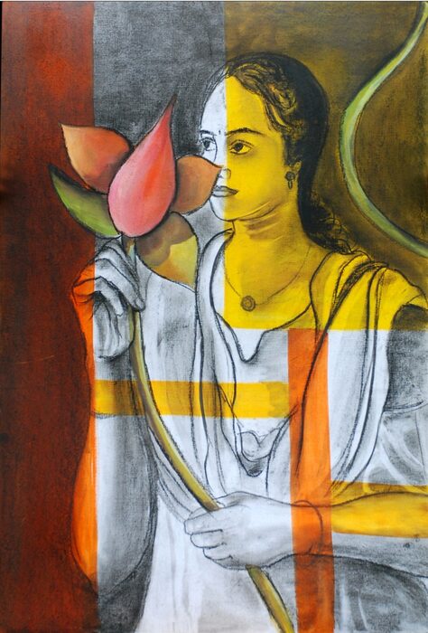 Self-Portrait with a Lotus, Charcoal and dry pastel on paper