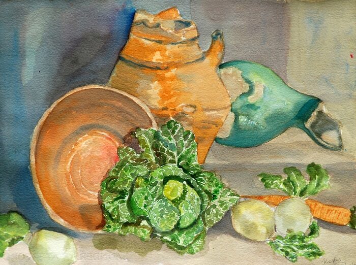 Savoy Cabbage and Terracotta Teapot, Acrylic on paper