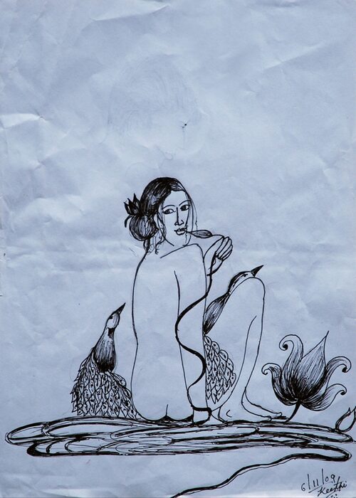 Woman with Birds and Lotus