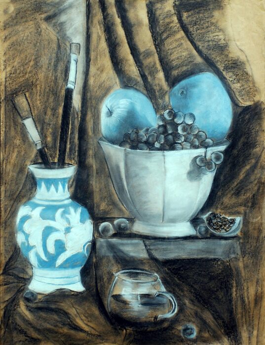 Fruit Bowl and Vase in Blue Pastel, Dry pastel on paper