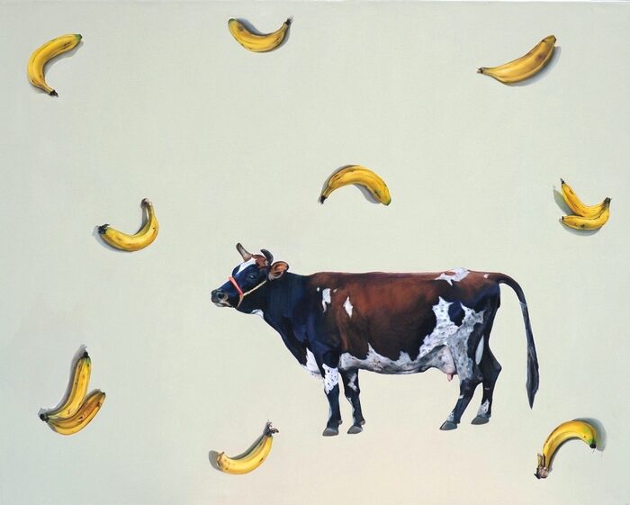 Cow with Floating Bananas, Oil and acrylic on canvas