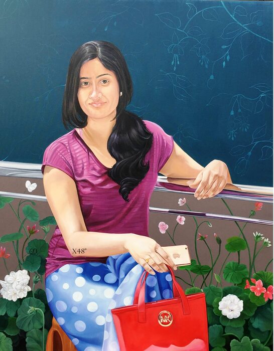 Young Woman with Red Handbag, Oil and acrylic on canvas