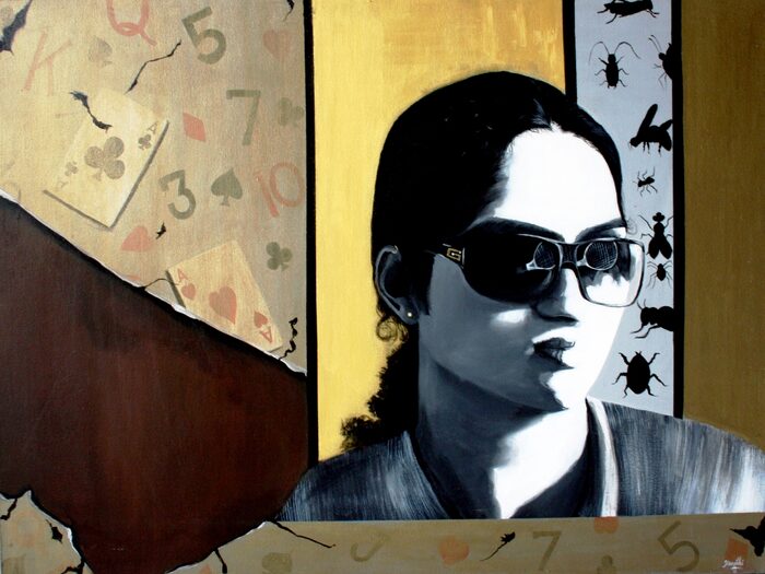 Self-Portrait in Sunglasses with Playing Cards, Oil and acrylic on canvas