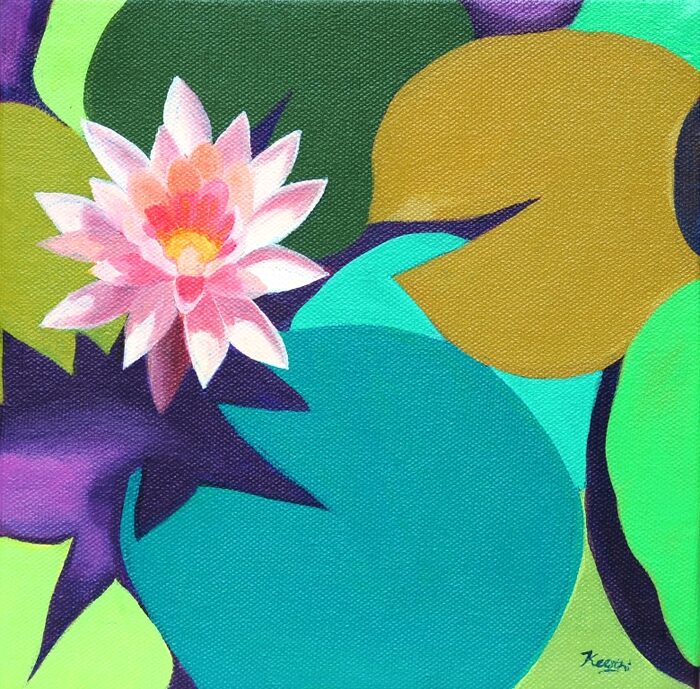 Pink Bloom Among Pads, Oil and acrylic on canvas