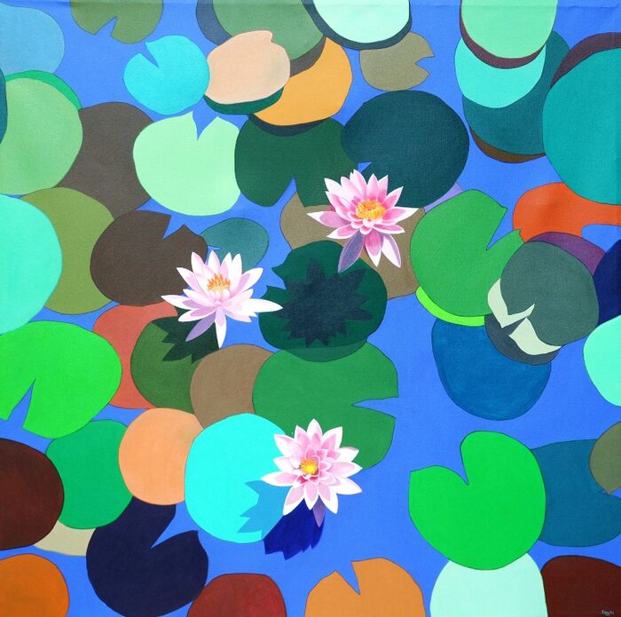 Three Blooms on Blue, Oil and acrylic on canvas